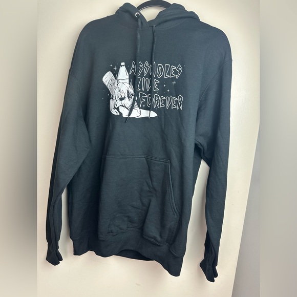Assholes Live Forever Black White Flame Skull 40oz Bottle Graphics Hoodie Size L - Picture 3 of 15